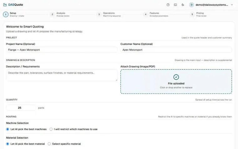 DASQuote smart quoting setup with an uploaded drawing and quantity