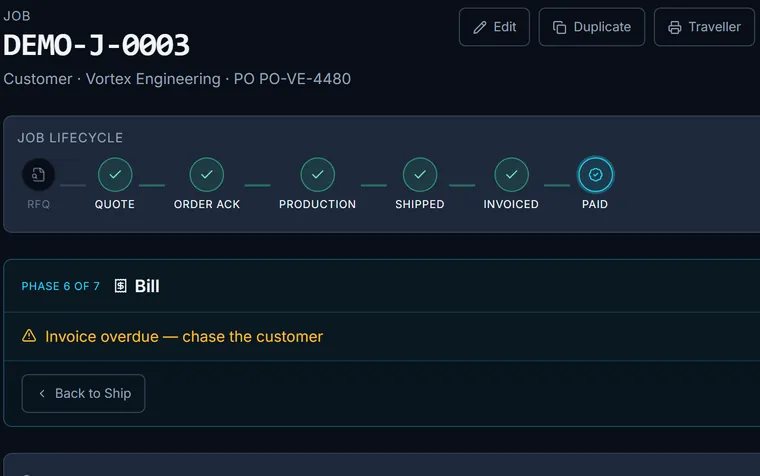 DASBridge job page showing the job lifecycle from RFQ to paid and the next action